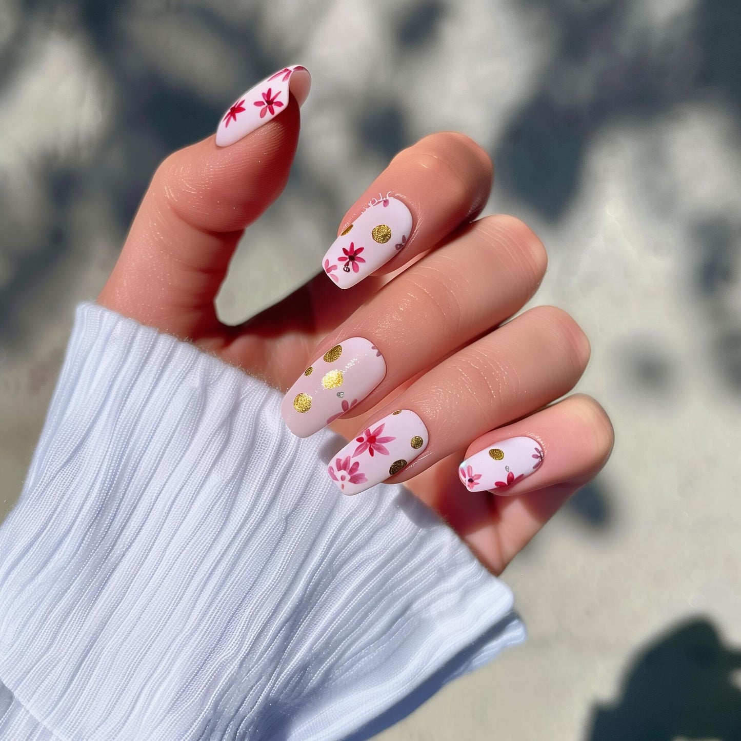 Pink Petal Pop | Handmade Floral Press-On Nails | Medium Coffin 🌸✨