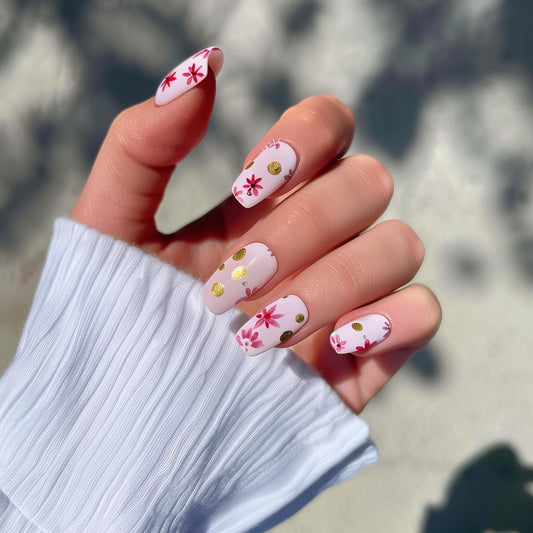 Pink Petal Pop | Handmade Floral Press-On Nails | Medium Coffin 🌸✨